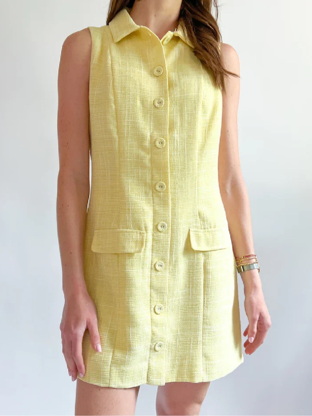 XS Lost + Wander "Golden Hour" sleeveless tweed mini dress in Lemon Drop Yellow